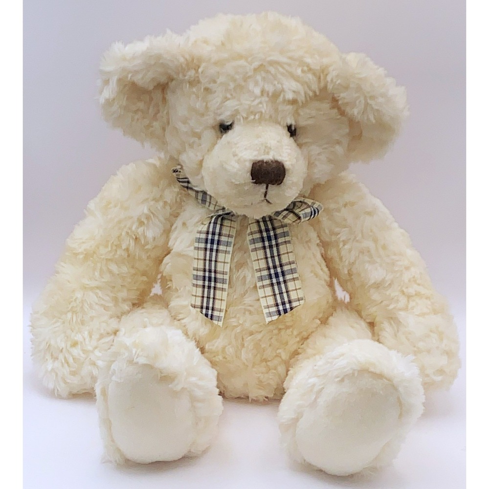 14" Russ Berrie Russplus Bear Champagne Curly Fur, Floppy Limbs, Tail, Orig Bow